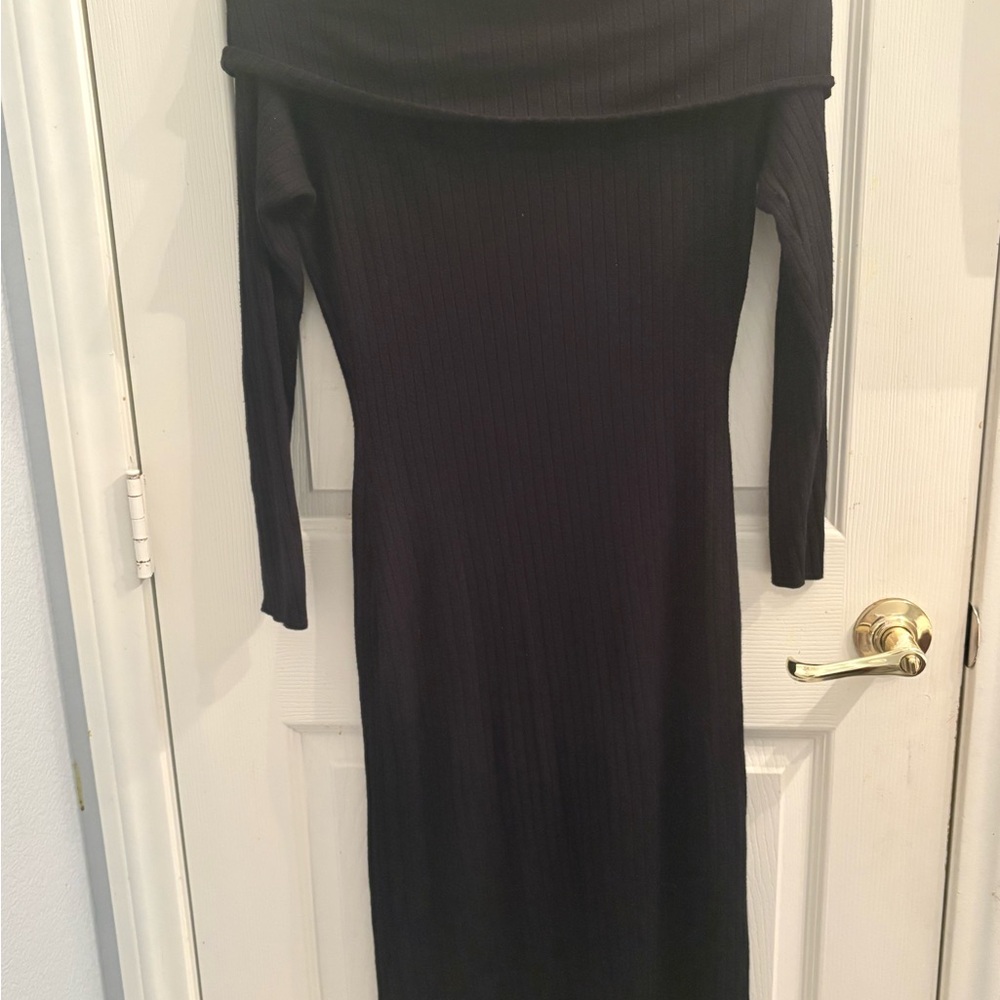 INC International Concepts Black Off-Shoulder Ribbed Long Sleeve Midi Dress